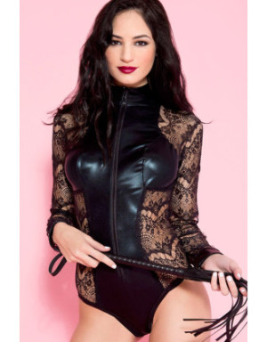 Body noir dentelle à manches longues empiècements devant derrière wetlook