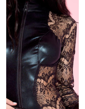 Body noir dentelle à manches longues empiècements devant derrière wetlook