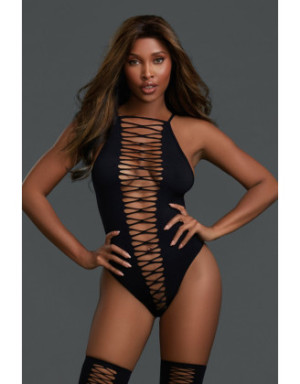 Body opaque avec croisillons et bas assortis