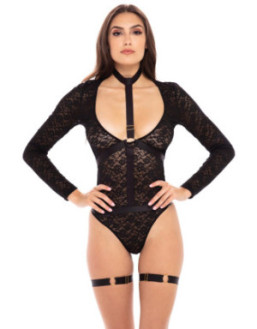 Body dentelle manches longues, harnais et jarretières