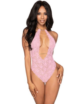 Body rose en dentelle stretch avec chaînes amovibles