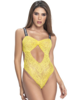 Body string en dentelle florale jaune et bretelles larges élastiques