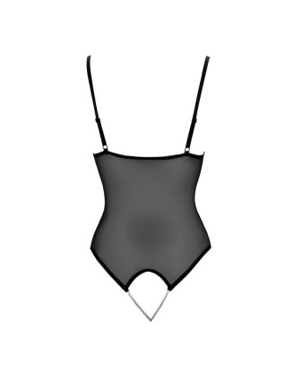 Body string en dentelle et résille noire avec perles à l'entrejambe