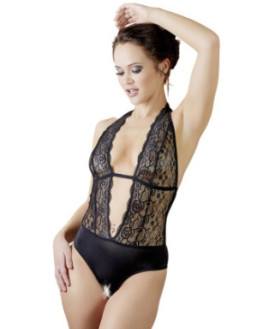 Body en dentelle noire, ouvert à l'entrejambe