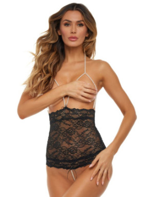 Lingerie style body en dentelle noire et perles blanches