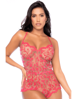 Combishort en dentelle transparente couleur cerise