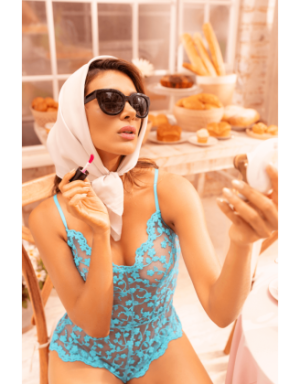 Combishort en dentelle transparente turquoise