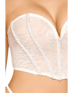 Bustier blanc avec perles et strass, bretelles transparentes amovibles