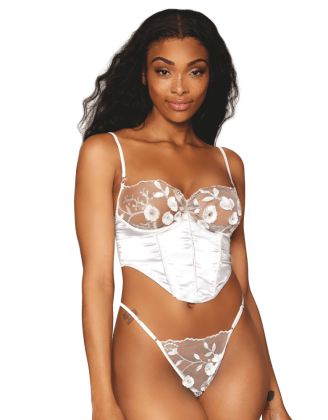 Bustier blanc avec armatures, en satin et dentelle florale