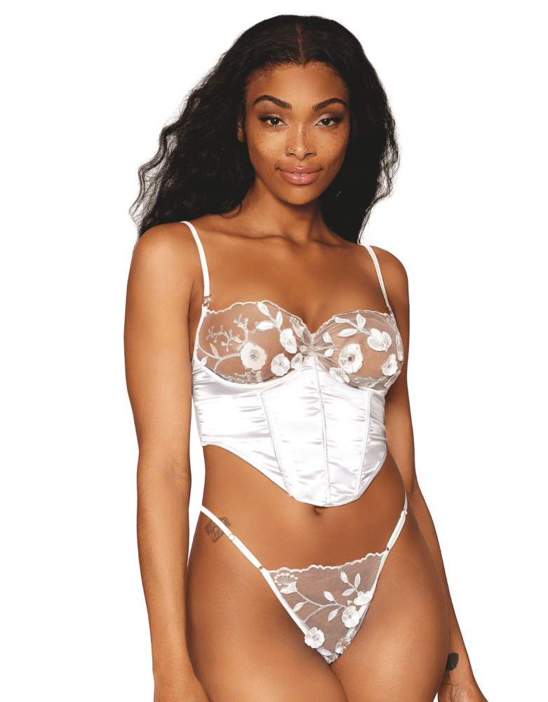 Bustier blanc avec armatures, en satin et dentelle florale