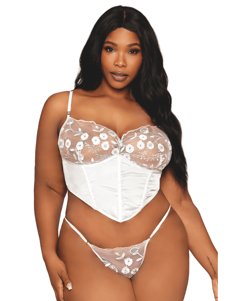 Bustier blanc avec armatures grande taille, en satin et dentelle florale