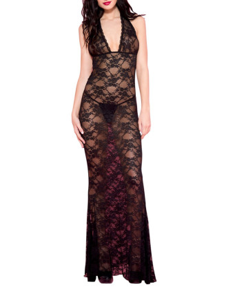 Nuisette longue noire décolletée dentelle florale