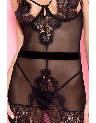 Nuisette noire tulle dentelle poitrine dénudée ornements