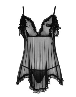 Nuisette en résille et dentelle noire avec string