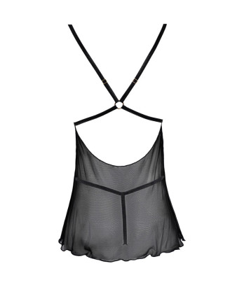 Nuisette noire en dentelle et résille transparente avec string