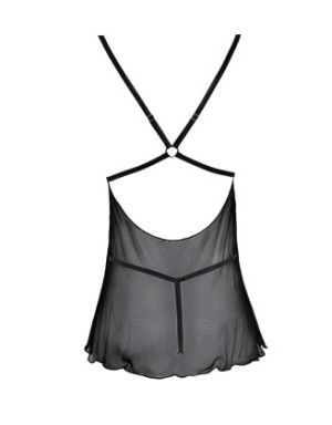 Nuisette noire en dentelle et résille transparente avec string
