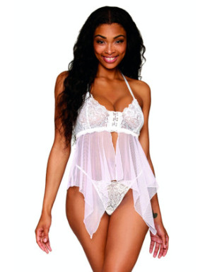 Babydoll et string en résille et dentelle blanche