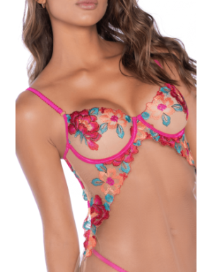 Nuisette en résille et dentelle florale rose et string assorti