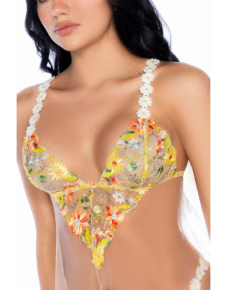Nuisette transparente brodée jaune et string