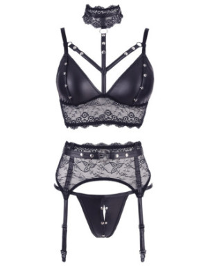 Ensemble soutien-gorge, porte jarretelles et culotte noir sexy