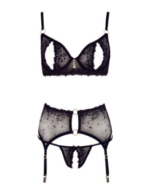Soutien-gorge dentelle, porte-jarretelles et string ouvert noir