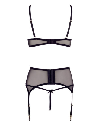 Soutien-gorge dentelle, porte-jarretelles et string ouvert noir