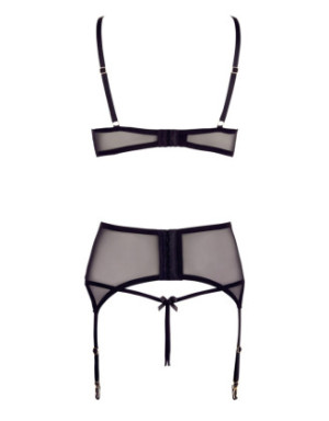 Soutien-gorge dentelle, porte-jarretelles et string ouvert noir