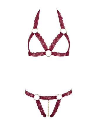 Soutien-gorge ouvert et string rouge à larges bandes sexy