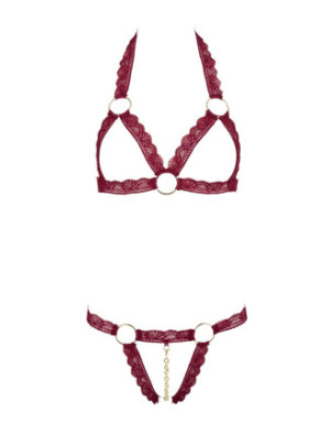 Soutien-gorge ouvert et string rouge à larges bandes sexy