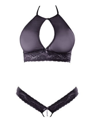 Soutien-gorge bandeau, en dentelle et résille noire et string ouvert
