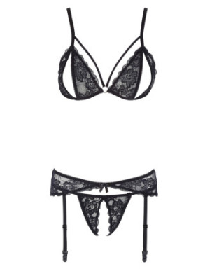 Ensemble trois pièces avec soutien-gorge fendu, porte-jarretelles et string noir