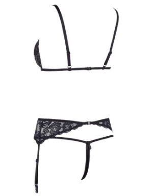 Ensemble trois pièces avec soutien-gorge fendu, porte-jarretelles et string noir