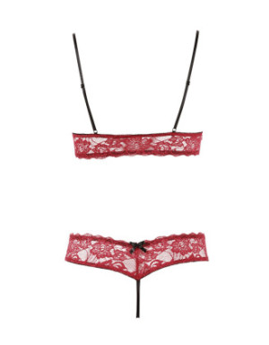 Soutien-gorge, bonnets ouverts, en dentelle rouge et string assorti