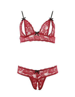 Soutien-gorge, bonnets ouverts, en dentelle rouge et string assorti