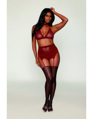 Ensemble 4 pièces soutien gorge, tour de cou, string et porte jarretelles rouge