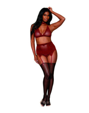 Ensemble 4 pièces soutien gorge, tour de cou, string et porte jarretelles rouge