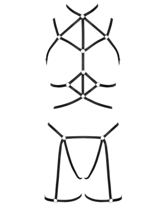 Ensemble 3 pièces soutien-gorge harnais, porte-jarretelles et string