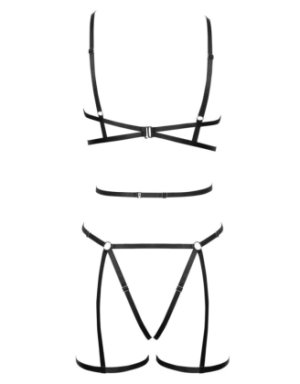 Ensemble 3 pièces soutien-gorge harnais, porte-jarretelles et string