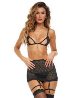 Ensemble 3 pièces, soutien gorge avec chainettes, jupe porte jarretelles et string assorti