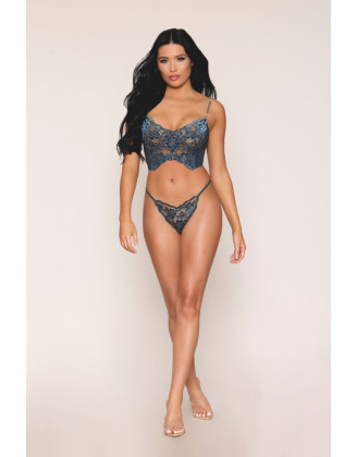 Bustier dentelle florale et résille avec strass et string assorti