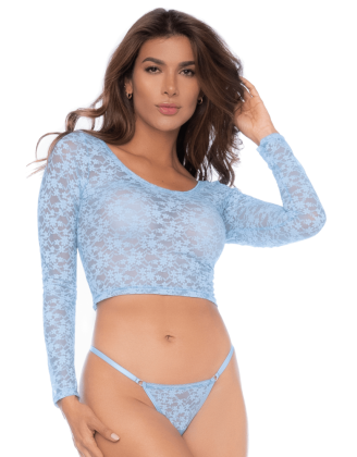 Ensemble 2 pièces en dentelle bleue pastel, crop top et string