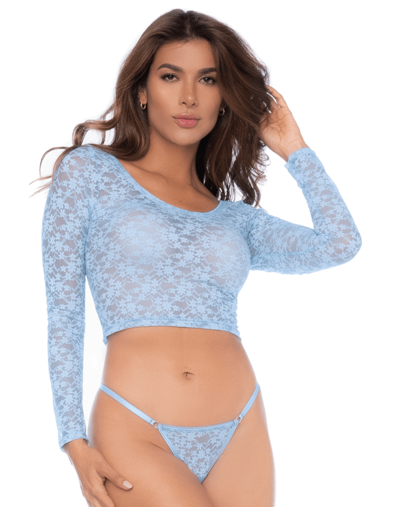 Ensemble 2 pièces en dentelle bleue pastel, crop top et string