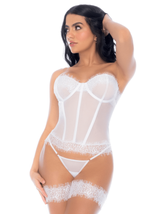 Ensemble 4 pièces blanc, bustier, string et 2 jarretières