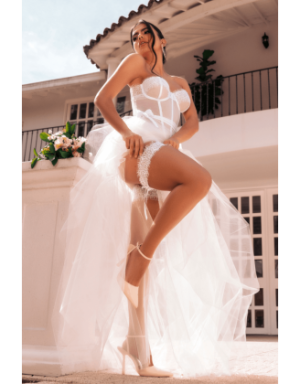 Ensemble 4 pièces blanc, bustier, string et 2 jarretières