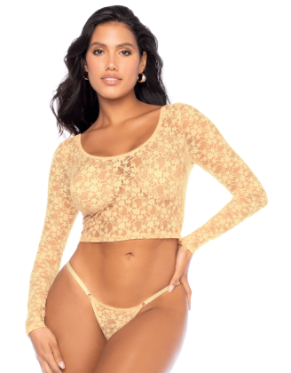 Ensemble 2 pièces en dentelle jaune pastel, crop top et string