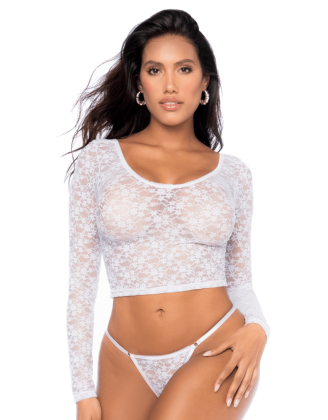 Ensemble 2 pièces en dentelle blanche, crop top et string