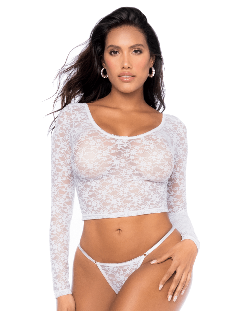 Ensemble 2 pièces en dentelle blanche, crop top et string
