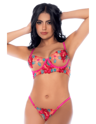 Ensemble 2 pièces résille brodée rose et bleue, soutien gorge et string