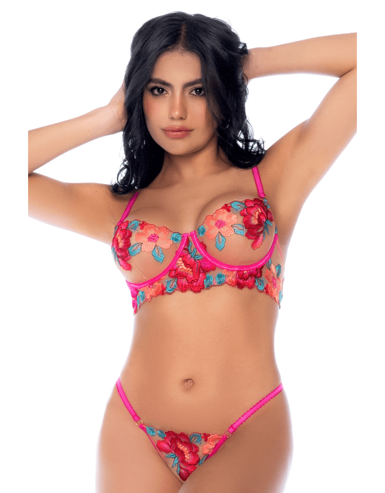 Ensemble 2 pièces résille brodée rose et bleue, soutien gorge et string