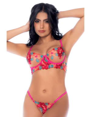 Ensemble 2 pièces résille brodée rose et bleue, soutien gorge et string